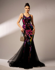 Black Mermaid Spaghetti Tulle Print Prom Dress with Floor Length