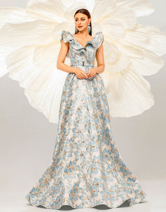 Light Blue A-Line V-Neck Flower Print Prom Dress with Sweep Train