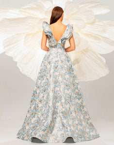 Light Blue A-Line V-Neck Flower Print Prom Dress with Sweep Train