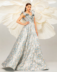 Light Blue A-Line V-Neck Flower Print Prom Dress with Sweep Train