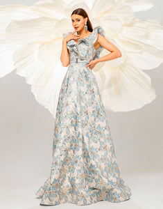 Light Blue A-Line V-Neck Flower Print Prom Dress with Sweep Train