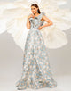 Light Blue A-Line V-Neck Flower Print Prom Dress with Sweep Train