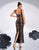 Black Gold Sheath Square Neck Sequin Slit Prom Dress with Ankle Length