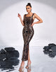 Black Gold Sheath Square Neck Sequin Slit Prom Dress with Ankle Length