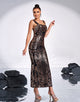 Black Gold Sheath Square Neck Sequin Slit Prom Dress with Ankle Length