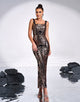 Black Gold Sheath Square Neck Sequin Slit Prom Dress with Ankle Length