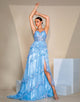 Blue A-Line Spaghetti Lace Applique Cascading Ruffles Slit Prom Dress