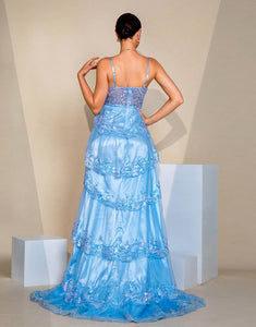 Blue A-Line Spaghetti Lace Applique Cascading Ruffles Slit Prom Dress