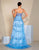 Blue A-Line Spaghetti Lace Applique Cascading Ruffles Slit Prom Dress