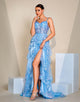 Blue A-Line Spaghetti Lace Applique Cascading Ruffles Slit Prom Dress