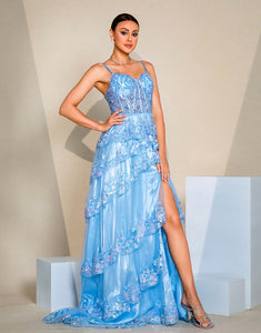 Blue A-Line Spaghetti Lace Applique Cascading Ruffles Slit Prom Dress