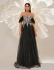 Black A-Line Off The Shoulder Applique Prom Dress with Floor Length