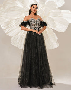 Black A-Line Off The Shoulder Applique Prom Dress with Floor Length