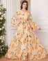 Yellow A-Line V-Neck Ruffle Long Sleeve Print Prom Dress with Belt