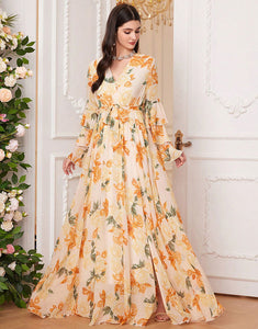 Yellow A-Line V-Neck Ruffle Long Sleeve Print Prom Dress with Belt