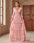 Pink A-Line V-Neck Cascading Ruffles Prom Dress with Sweep Train