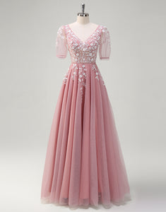 A-Line Blush V-Neck Lace Applique Long Prom Dress