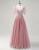 A-Line Blush V-Neck Lace Applique Long Prom Dress