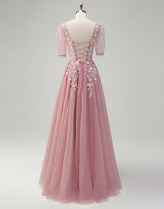 A-Line Blush V-Neck Lace Applique Long Prom Dress