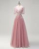 A-Line Blush V-Neck Lace Applique Long Prom Dress