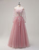 A-Line Spaghetti Tulle Long Sleeve Tulle Prom Dress with Applique