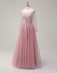 A-Line Spaghetti Tulle Long Sleeve Tulle Prom Dress with Applique