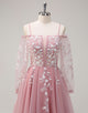 A-Line Spaghetti Tulle Long Sleeve Tulle Prom Dress with Applique