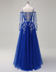 A-Line Spaghetti Tulle Long Sleeve Tulle Prom Dress with Applique