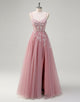 A-Line Spaghetti Applique Beading Tulle Prom Dress with Slit