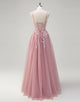 A-Line Spaghetti Applique Beading Tulle Prom Dress with Slit