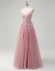 A-Line Spaghetti Applique Beading Tulle Prom Dress with Slit