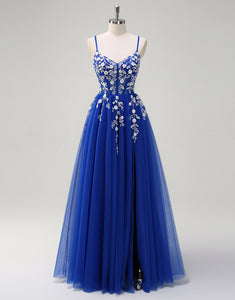 A-Line Spaghetti Applique Beading Tulle Prom Dress with Slit