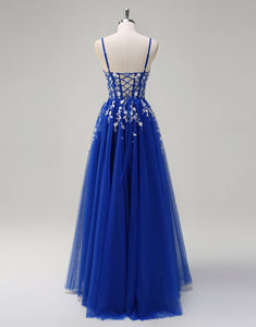 A-Line Spaghetti Applique Beading Tulle Prom Dress with Slit