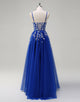 A-Line Spaghetti Applique Beading Tulle Prom Dress with Slit