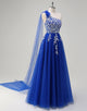 A-Line One Shoulder Applique Beading Tulle Prom Dress with Slit