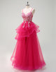 Grey Pink A-Line Spaghetti Applique Tulle Prom Dress