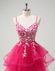 Grey Pink A-Line Spaghetti Applique Tulle Prom Dress