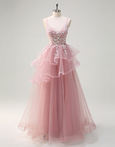 Grey Pink A-Line Spaghetti Applique Tulle Prom Dress