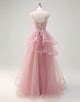 Grey Pink A-Line Spaghetti Applique Tulle Prom Dress