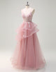 Grey Pink A-Line Spaghetti Applique Tulle Prom Dress