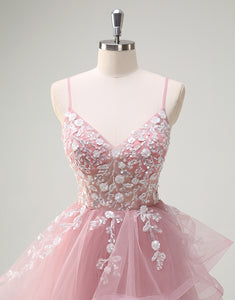 Grey Pink A-Line Spaghetti Applique Tulle Prom Dress