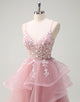 Grey Pink A-Line Spaghetti Applique Tulle Prom Dress