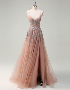 Blush Tulle A-Line Spaghetti Lace Applique Prom Dress