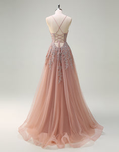 Blush Tulle A-Line Spaghetti Lace Applique Prom Dress