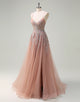 Blush Tulle A-Line Spaghetti Lace Applique Prom Dress