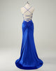 Mermaid Bateau Neck Applique Ruched Royal Blue Prom Dress