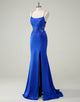 Mermaid Bateau Neck Applique Ruched Royal Blue Prom Dress