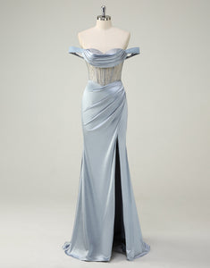 Dusty Blue Mermaid Strapless Beading Ruched Prom Dress