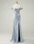 Dusty Blue Mermaid Strapless Beading Ruched Prom Dress