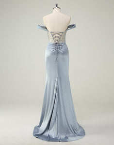 Dusty Blue Mermaid Strapless Beading Ruched Prom Dress